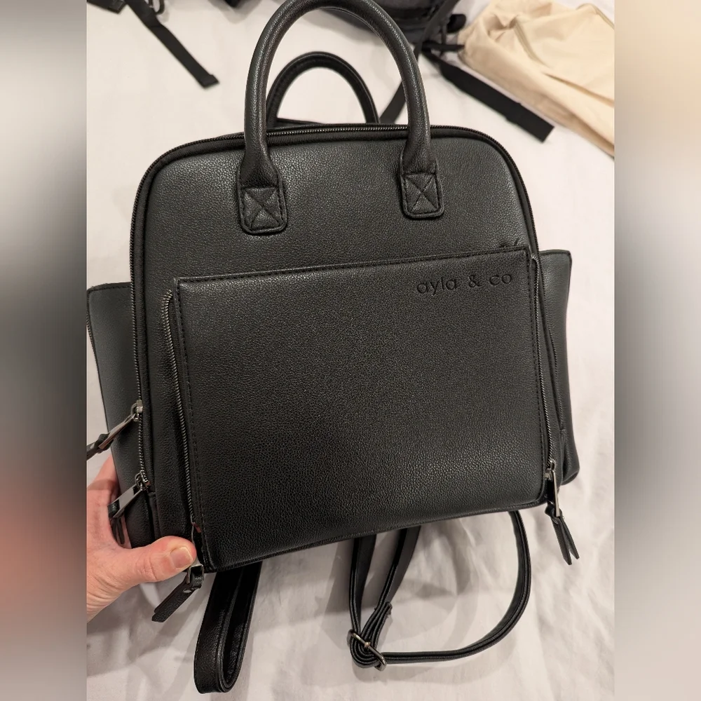 Compact Black Leather Baby Bag with Dual Handles